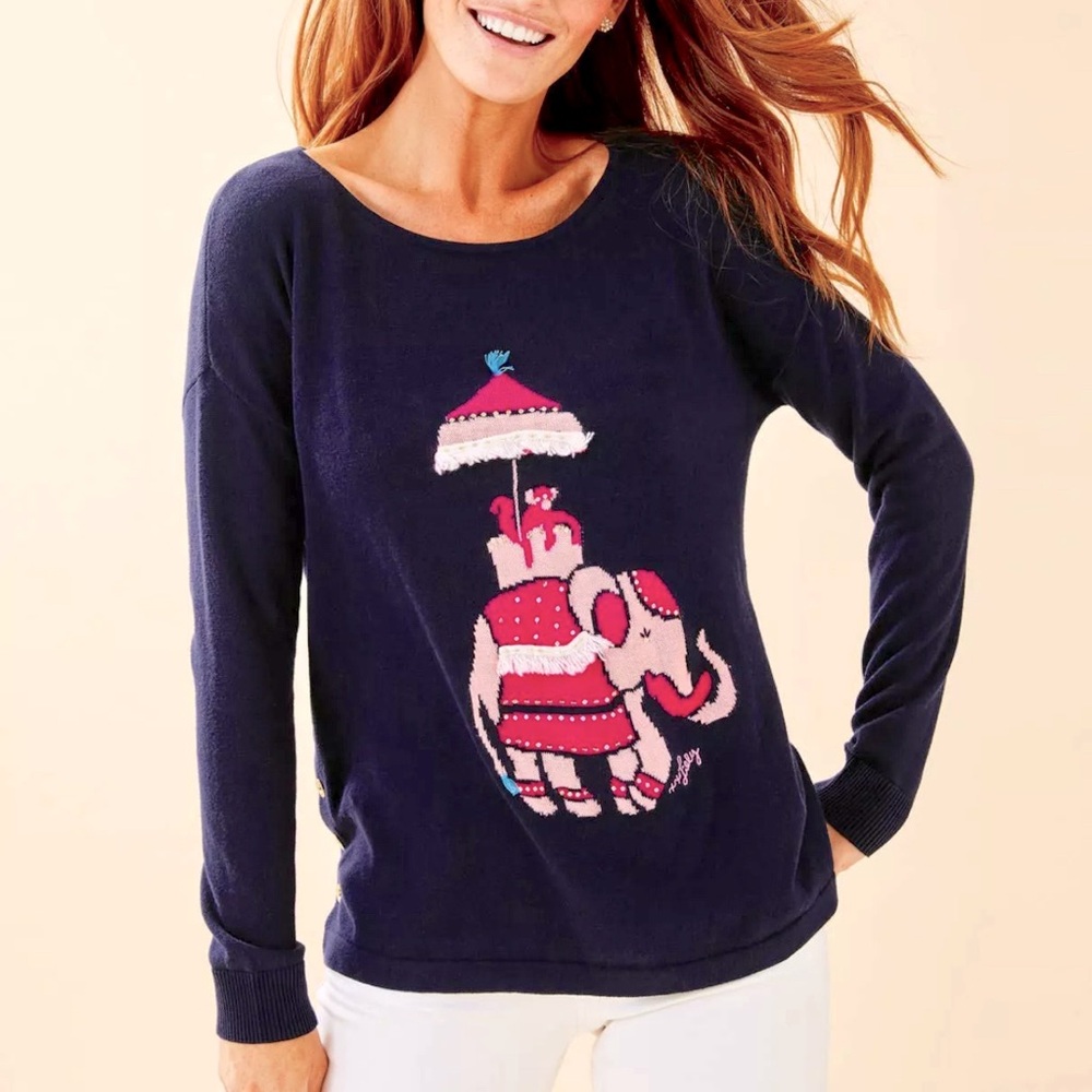 Lilly Pulitzer Caralynn Sweater True Navy Elephant Intarsia NWT Size XS